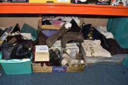 SIX BOXES AND LOOSE OF LADIES VINTAGE CLOTHES AND ACCESSORIES, to include handbags, gloves, silk