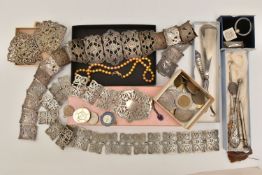 A BOX OF ASSORTED ITEMS, to include a silver nurses buckle hallmarked Birmingham, approximate 61.2