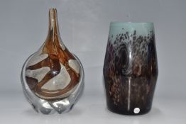 TWO ART GLASS VASES, comprising a Strathearn vase of swollen barrel form, with purple and blue
