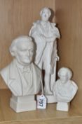 A PARIAN WARE FIGURE OF THE DUKE OF WELLINGTON, AND TWO BUSTS, comprising an unmarked bisque