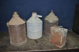 FOUR VINTAGE FUEL CANS including three circular with conical tops two of which have caps and one