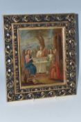 AN 'OLD TESTAMENT TRINITY / HOSPITALITY OF ABRAHAM' ICON, oil on wood panel, depicting the arrival