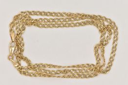A YELLOW METAL FANCY LINK CHAIN NECKLACE, fitted with a lobster clasp, stamped 18, length 550mm,