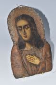 A NEEDLEWORK 'MADONNA' ICON, nineteenth century, with hand embroidered copper wirework to the main