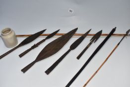 A COLLECTION OF AFRICAN TRIBAL INTREST ITEMS, to include five african spear heads, some featuring