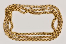 A YELLOW METAL BELCHER CHAIN, faceted belcher links, fitted with a spring clasp and two gold
