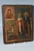 AN ORTHODOX ICON depicting two saintly figures, with a small St George scene, height 31cm x width