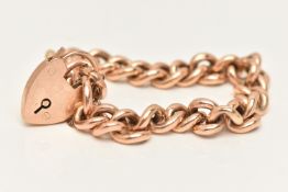 A ROSE METAL CURB LINK BRACELET WITH HEART PADLOCK CLASP, hollow links each link and padlock stamped