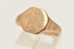 A GENTS YELLOW METAL ENGRAVED SIGNET RING, of a square form, with polished band, stamped 9ct, ring
