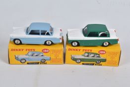 TWO DINKY TOYS DIECAST TRIUMPH HERALD MODELS, no. 189, the first green roof and base with white