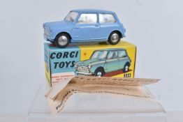 A BOXED CORGI TOYS DIECAST MORRIS MINI MINOR, no. 226, pale blue body and base, yellow interior,