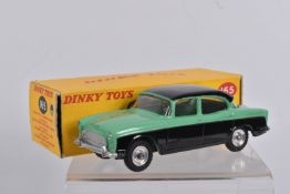 A BOXED DINKY TOYS DIECAST HUMBER HAWK, no. 165, black roof and base, green centre, silver detail,