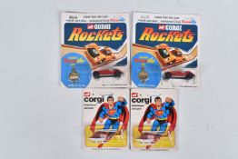 FOUR VINTAGE CORGI DIECAST MODELS IN SEALED BLISTER PACKS, to include two Corgi Juniors Daily Planet