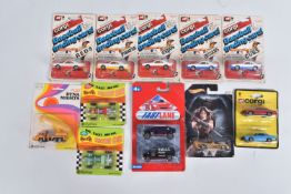 A COLLECTION OF VINTAGE DIECAST MODELS, to include five Corgi Baseball Trading Cars, a Cleveland
