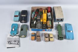 A QUANTITY OF UNBOXED ASSORTED PLAYWORN DIECAST, TINPLATE AND PLASTIC VEHICLES, to include Mettoy