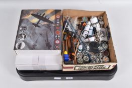 AN ASSORTMENT OF LOOSE PAINTS AND SUPPLIES ALONG WITH TWO BOXED AEROPLANES, there is a tray of loose
