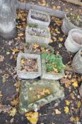 A SANDSTONE TRIANGULAR TROUGH, 48cm x depth 31cm x height 18cm, two pairs of small concrete planters