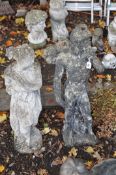 A WEATHERED CONCRETE GARDEN STATUE OF A MALE CLASSICAL FIGURE, height 82cm, and concrete garden