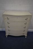 A CREAM PAINTED FRENCH SERPENTINE CHEST OF FIVE DRAWERS, raised on cabriole legs, width 94cm x depth