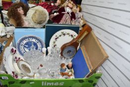 TWO BOXES OF COLLECTORS DOLLS, GLASSWARE ETC to include seven collectors dolls, manufacturers to