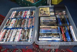 TWO BOXES OF DVD AND BLURAY to include a box of blu ray titles compromising assorted genres to