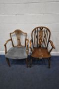 AN EARLY 20TH CENTURY ELM WHEEL BACK ARMCHAIR, width 59cm x depth 54cm x height 102cm, along with