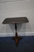 A REGENCY ROSEWOOD TABLE BASE, with a later top, a turned and tapered support, on a triform base