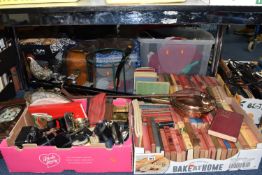 THREE BOXES AND LOOSE BOOKS AND MISCELLANEOUS ITEMS to include two boxes of vintage books comprising