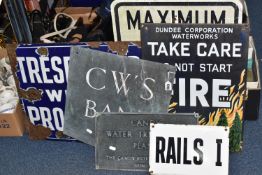 SIX METAL SIGNS, to include four enamelled signs, featuring a trespassers sign, vintage 45mph