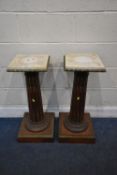 A PAIR OF 19TH CENTURY MAHOGANY BUST / JARDINIERE STANDS, with a square marble insert, brass beading