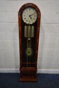 A MODERN HUANGHUALI LONGCASE CLOCK, with mother of pearl inlay, the arched bevelled glass door