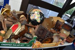 A LARGE QUANTITY OF TREEN AND SUNDRIES to include a mid-century Danish globe (loose form stand), a