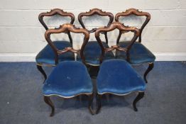 A SET OF SEVEN 19TH CENTURY MAHOGANY CHAIRS, the serpentine fronted seat with blue fabric