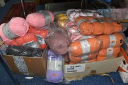 TWO BOXES OF YARN AND KNITTING NEEDLES, to include approximately one hundred balls of yarn most in