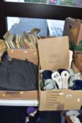 THREE BOXES OF ASSORTED RAILWAY INTEREST EPHEMERA AND SUNDRIES, three pairs of Railtrack trousers,