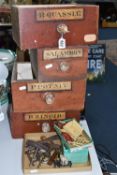 FOUR VINTAGE APOTHECARY DRAWERS, AND A TRAY OF MISCELLANY comprising four vintage apothecary drawers