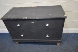 A GREY PAINTED PINE CHEST OF TWO DRAWERS, raised on turned legs, width 108cm x depth 50cm x height