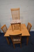 A MODERN BEECH TABLE, raised on tapered legs, 107cm squared x height 76cm, along with a set of