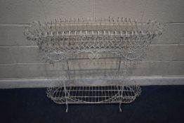 POSSIBLY VICTORIAN, A WHITE PAINTED WIRE FRAMED TWO TIER PLANT STAND, width 107cm x depth 39cm x