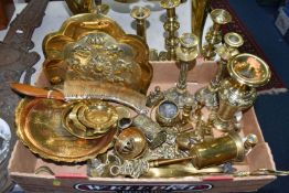 ONE BOX AND LOOSE BRASS ITEMS, to include a large brass fire pot, small table, trench art vase,