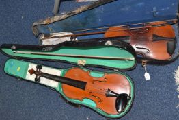 TWO CASED VIOLINS, in need of some attention, two piece backs, no obvious maker's mark/both have a
