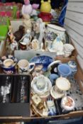 TWO BOXES OF ASSORTED CERAMICS AND GLASSWARE to include a boxed Royal Crown Derby 'Butterflies of