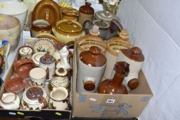 THREE BOXES OF STONEWARE AND DEVON MOTTO WARE, to include two stoneware flagons marked 'The Property