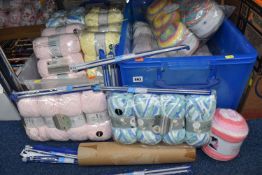 TWO BOXES OF YARN AND KNITTING NEEDLES, to include approximately seventy balls of yarn most in
