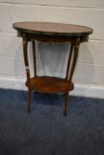 A REPRODUCTION LOUIS XV STYLE TWO TIER TABLE, the wavy apron with brass details, brass mounts,