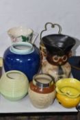 A GROUP OF EIGHT VINTAGE CERAMIC HOMEWARE ITEMS, to include a Ruskin Pottery ginger jar in a vibrant