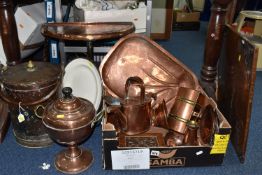 A BOX AND LOOSE COPPERWARE, to include an oak box with arts and crafts embossed copper design, two