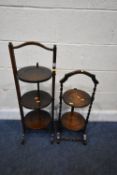 A 20TH CENTURY OAK THREE TIER FOLDING CAKE STAND, height 90cm, along with a smaller two tier folding