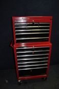 A CLARKE PREMIUM MECHANICS TOOLCHEST ON CHEST AND CONTENTS with four keys, Kamasa and Stanley socket