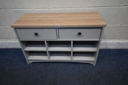 A MODERN PARTIALLY PAINTED CABINET, with two drawers and six divisions, width 90cm x depth 34cm x